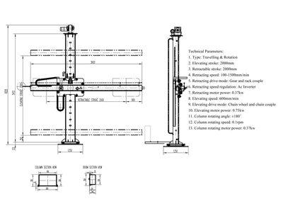 Средняя сварочная колонна / манипулятор (грузоподъемность на конце поперечной консоли до 300 кг) с рабочей зоной 2х2 м. Поворотная, с электрическим приводом поворота