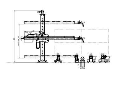 Средняя сварочная колонна / манипулятор (грузоподъемность на конце поперечной консоли до 300 кг) с рабочей зоной 3,8х4,0 м со стендом для сборки и сварки обечаек
